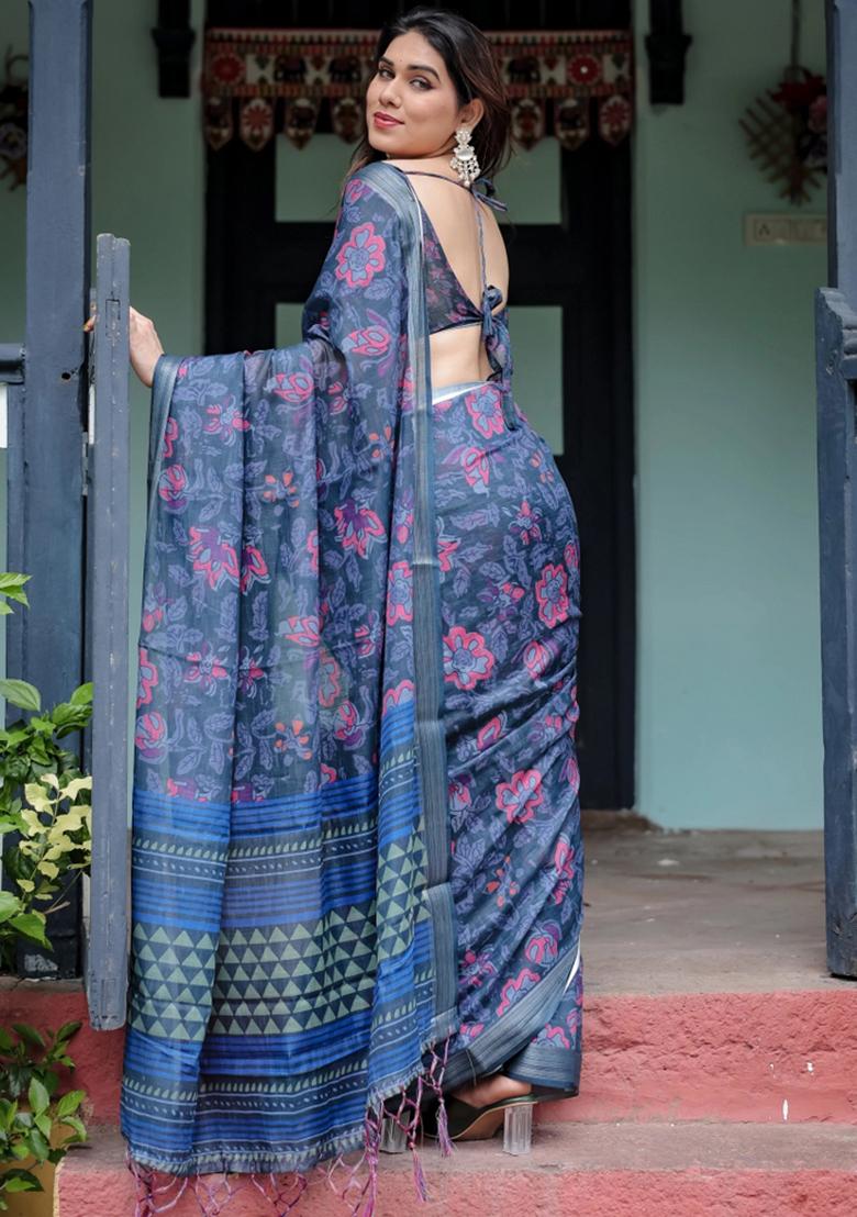 Blue Printed Cotton Linen Saree Set