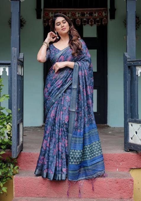 Blue Printed Cotton Linen Saree Set
