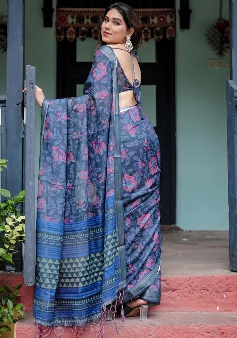Blue Printed Cotton Linen Saree Set