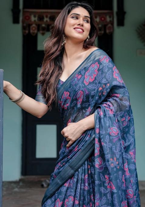 Blue Printed Cotton Linen Saree Set