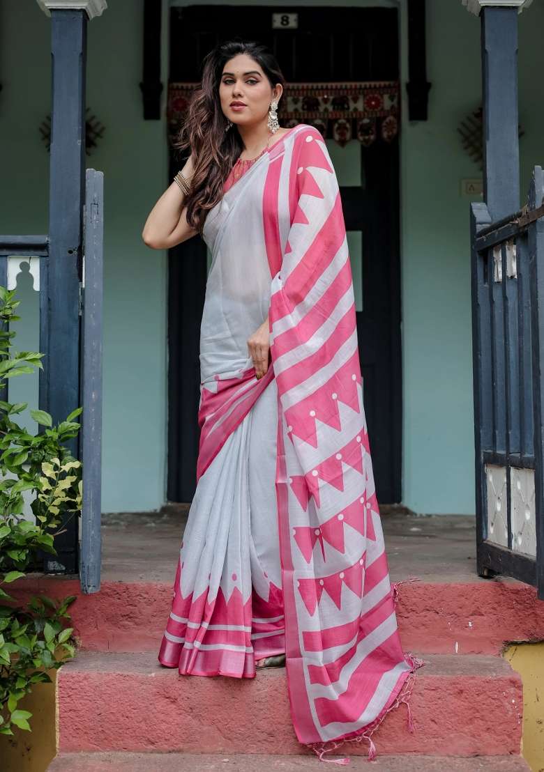 White Printed Cotton Linen Saree Set - Indya