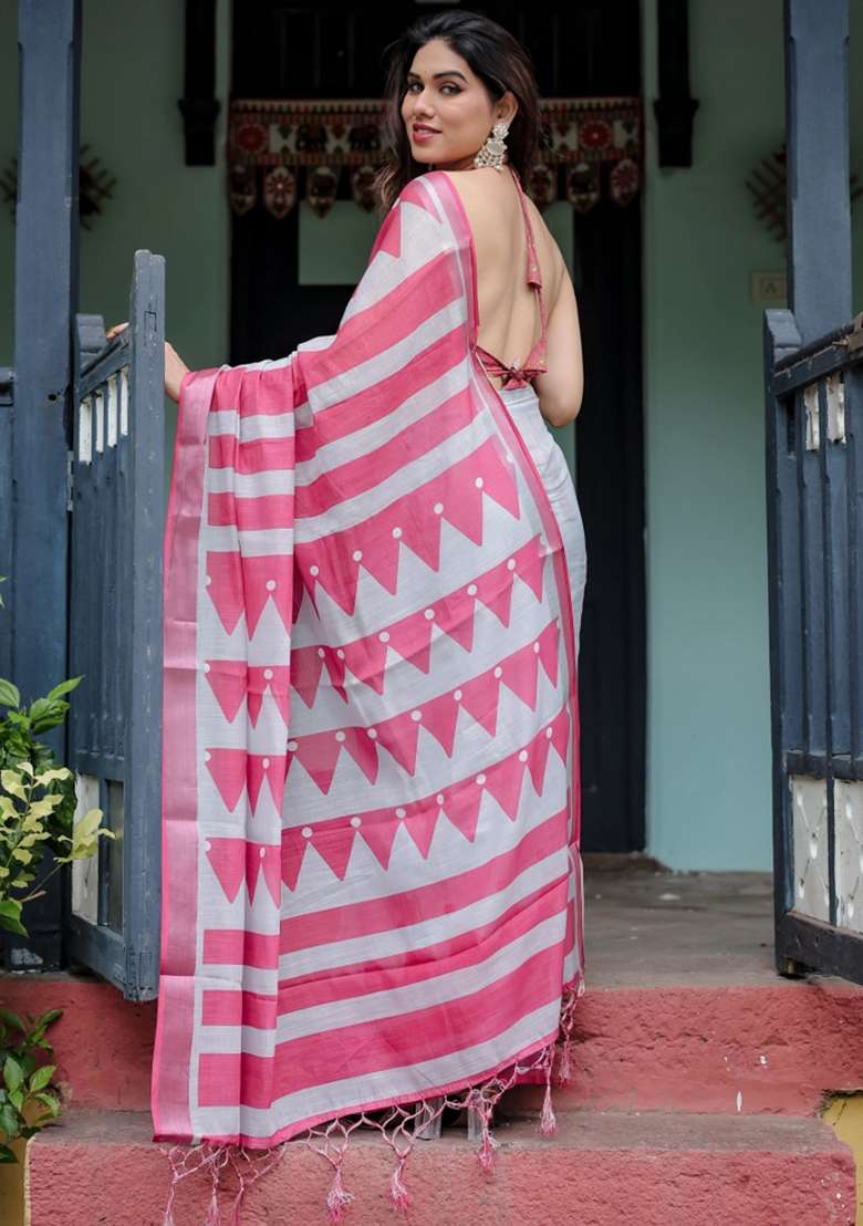 White Printed Cotton Linen Saree Set - Indya