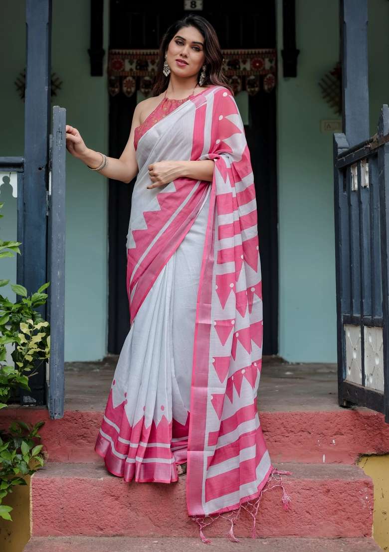 White Printed Cotton Linen Saree Set - Indya