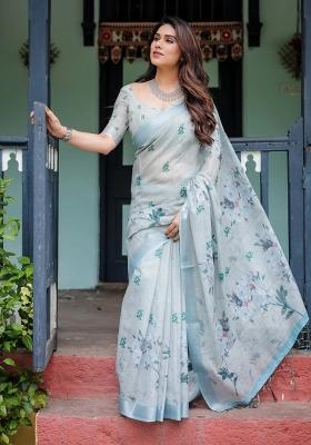 Grey Printed Cotton Linen Saree Set