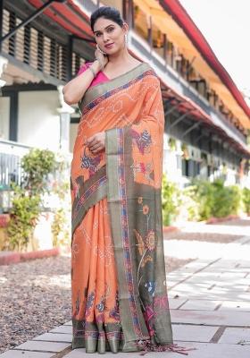 Orange Printed Cotton Linen Saree Set