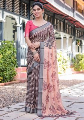 Peach Printed Cotton Linen Saree Set