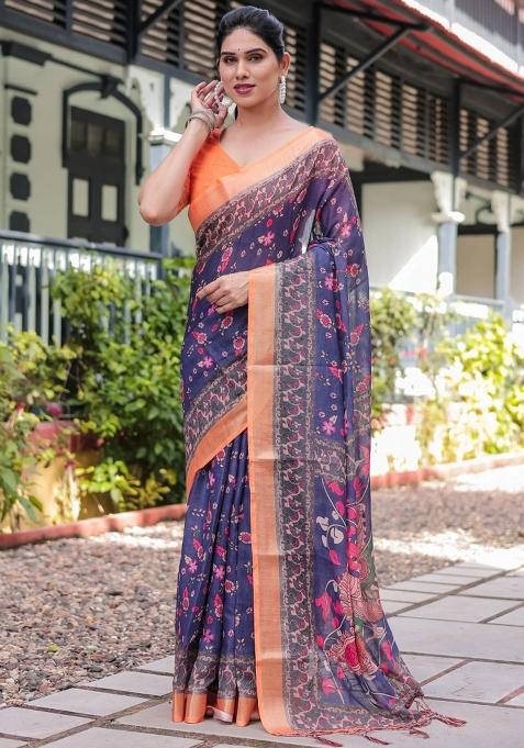 Blue Printed Cotton Linen Saree Set