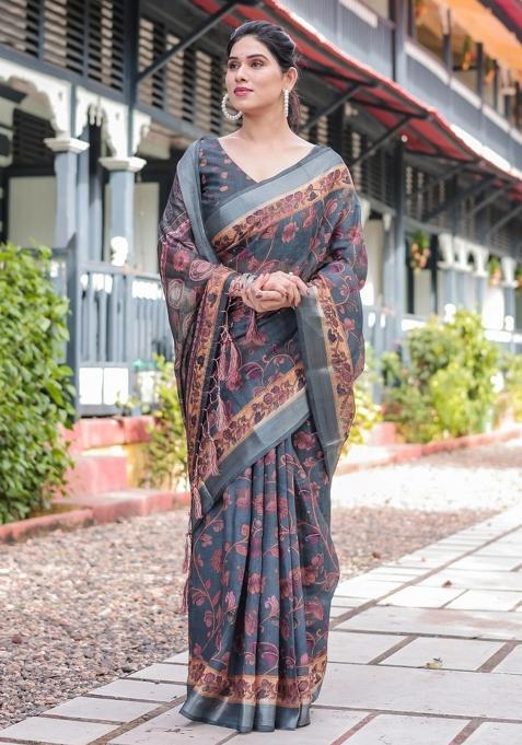 Grey Printed Cotton Linen Saree Set