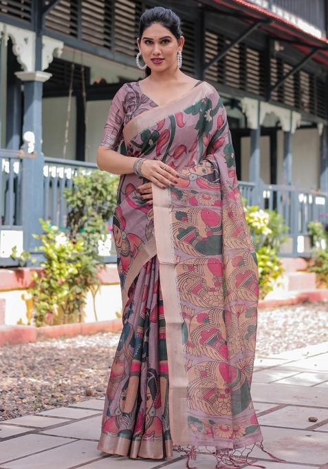 Peach Printed Cotton Linen Saree Set