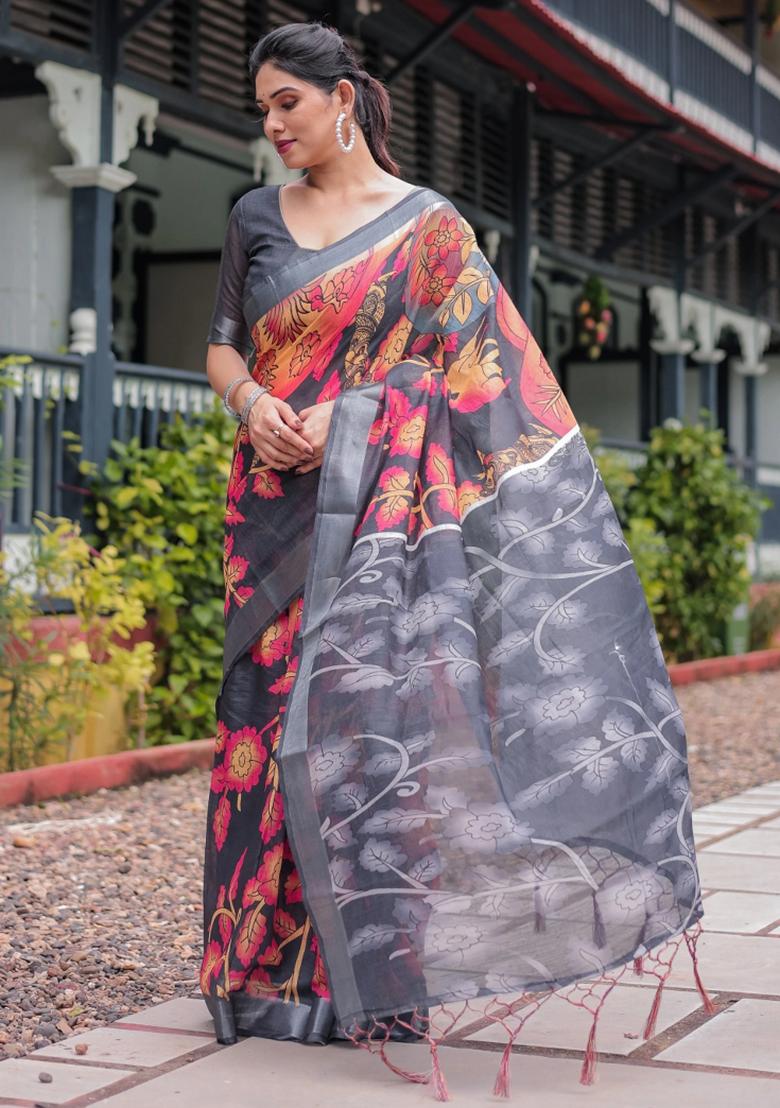 Multicolor Printed Cotton Linen Saree Set