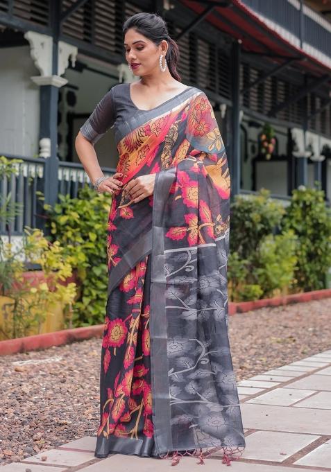 Multicolor Printed Cotton Linen Saree Set