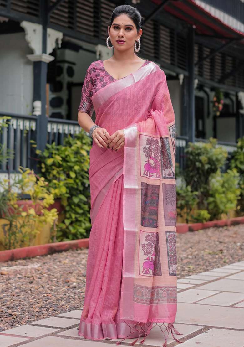 Pink Printed Cotton Linen Saree Set - Indya