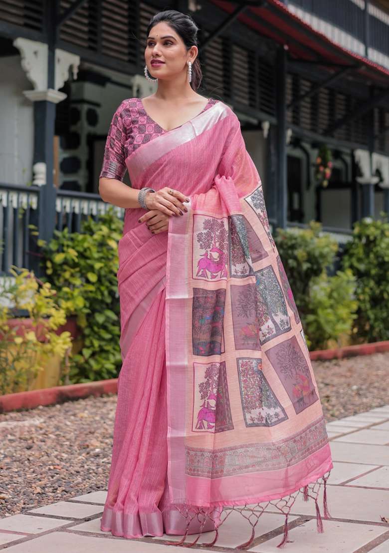 Pink Printed Cotton Linen Saree Set - Indya