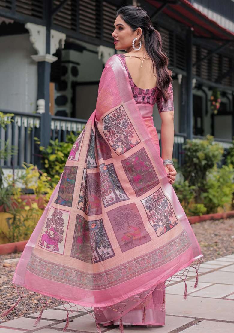Pink Printed Cotton Linen Saree Set - Indya