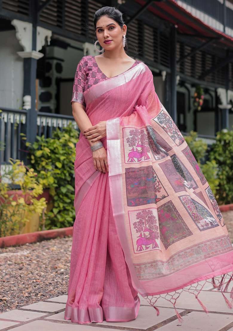 Pink Printed Cotton Linen Saree Set - Indya