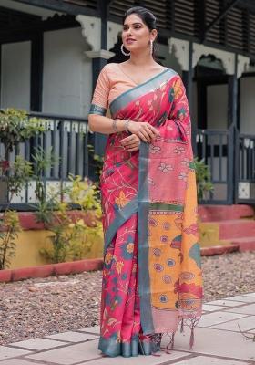 Pink Printed Cotton Linen Saree Set