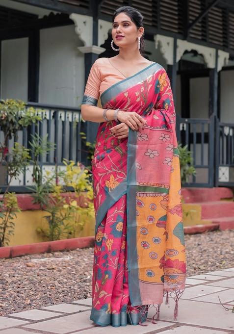 Pink Printed Cotton Linen Saree Set