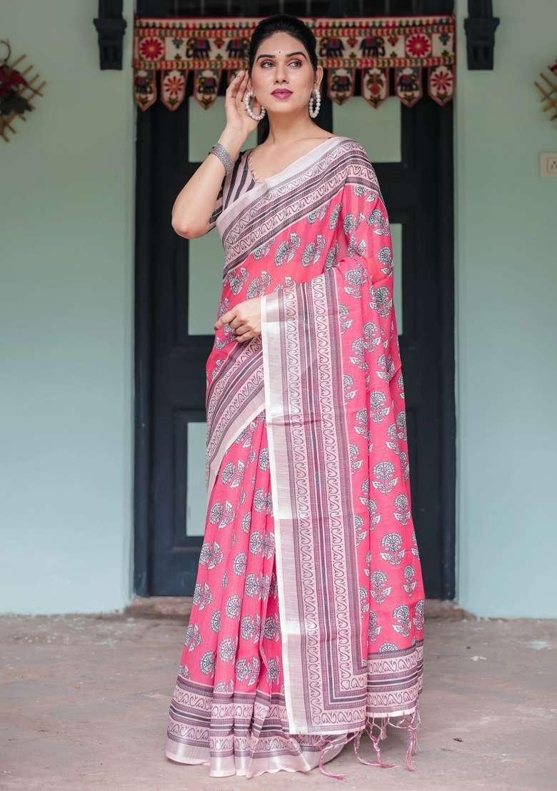 Pink Printed Cotton Linen Saree Set - Indya
