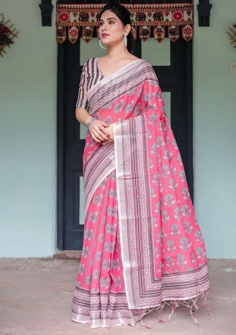 Pink Printed Cotton Linen Saree Set - Indya