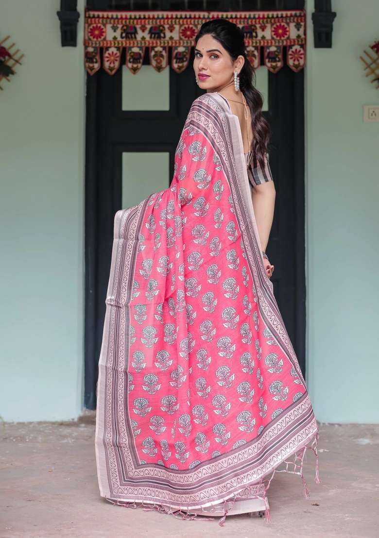 Pink Printed Cotton Linen Saree Set - Indya