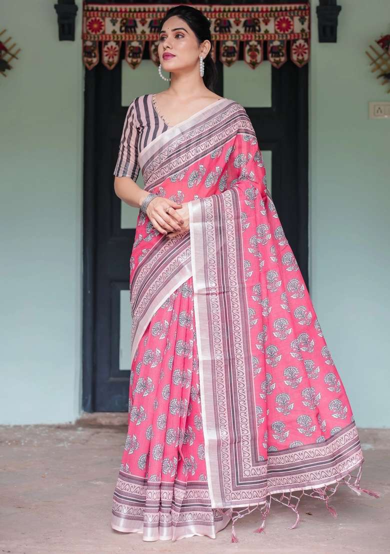 Pink Printed Cotton Linen Saree Set - Indya