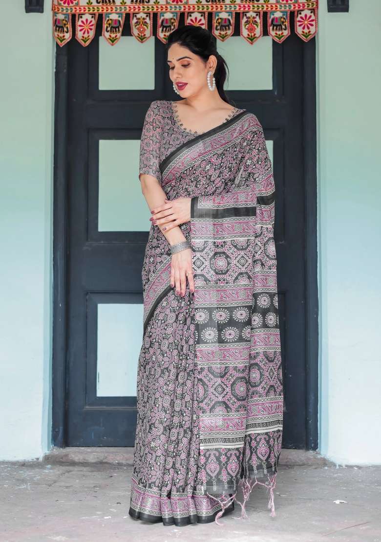 Black Printed Cotton Linen Saree Set - Indya