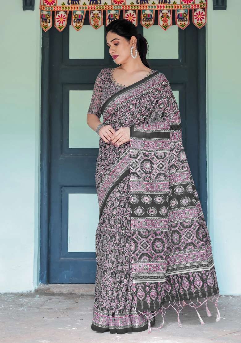 Black Printed Cotton Linen Saree Set - Indya