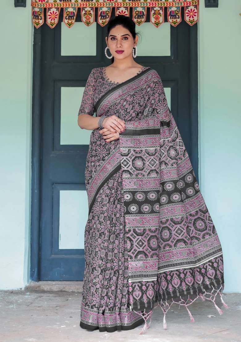 Black Printed Cotton Linen Saree Set - Indya