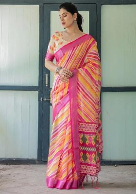Yellow Printed Cotton Linen Saree Set