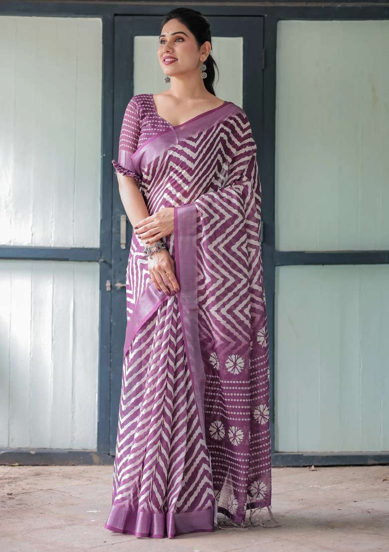 Purple Printed Cotton Linen Saree Set - Indya