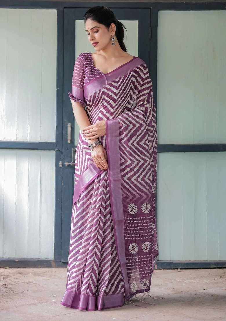 Purple Printed Cotton Linen Saree Set - Indya