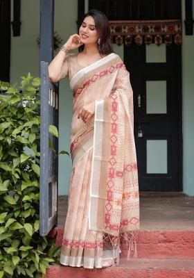 Beige Printed Cotton Linen Saree Set