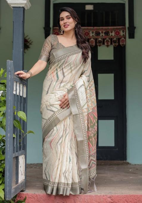 Cream Printed Cotton Linen Saree Set