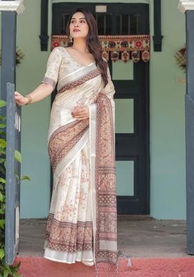 Cream Printed Cotton Linen Saree Set