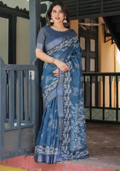 Blue Printed Cotton Linen Saree Set