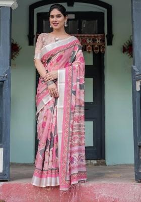 Pink Printed Cotton Linen Saree Set