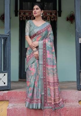 Pink Printed Cotton Linen Saree Set