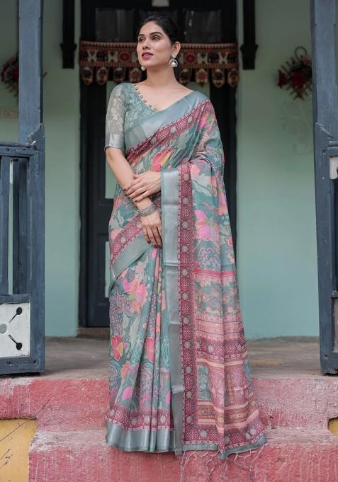Pink Printed Cotton Linen Saree Set