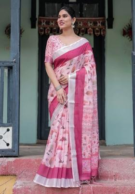 Pink Printed Cotton Linen Saree Set