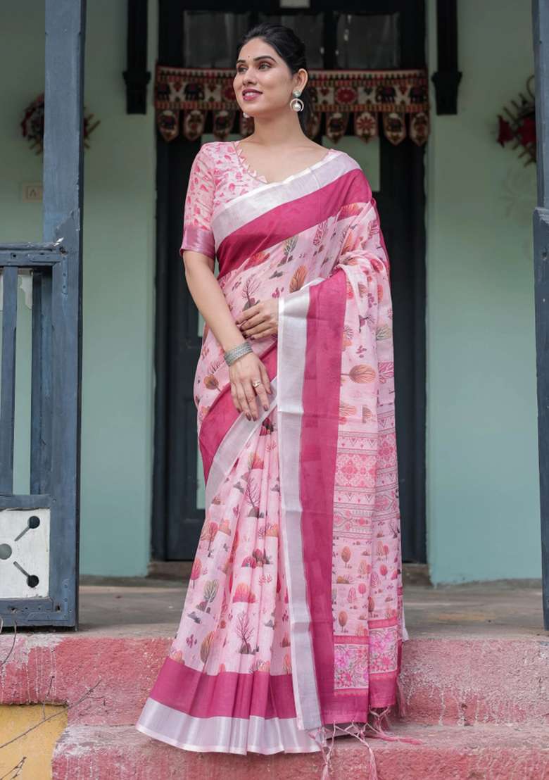 Pink Printed Cotton Linen Saree Set - Indya