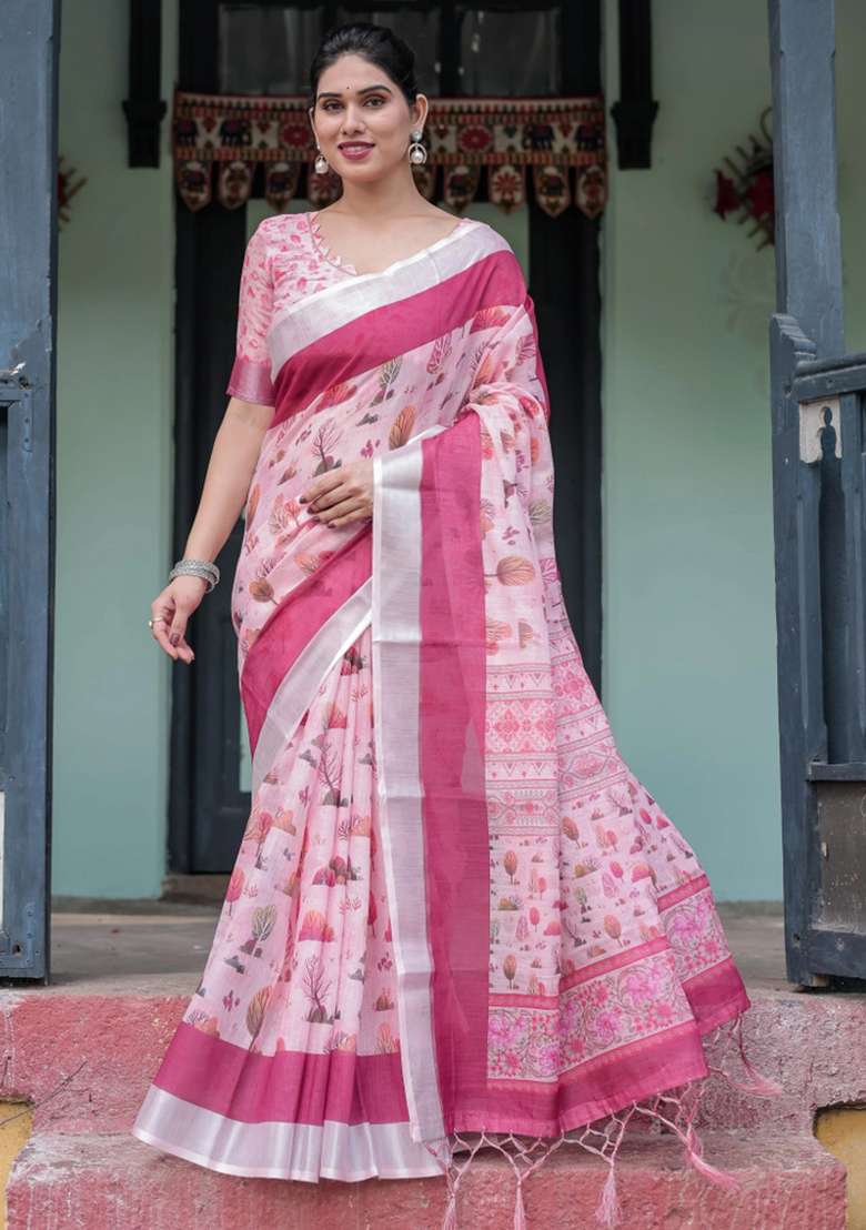 Pink Printed Cotton Linen Saree Set - Indya