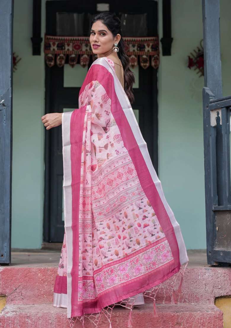 Pink Printed Cotton Linen Saree Set - Indya