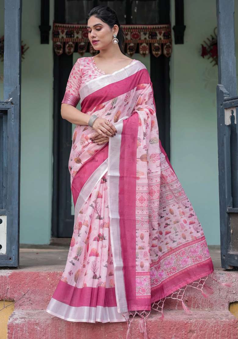 Pink Printed Cotton Linen Saree Set - Indya