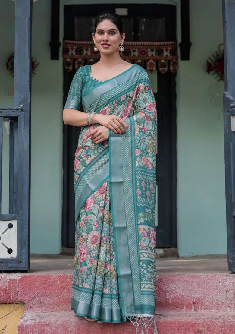 Green Printed Cotton Linen Saree Set - Indya