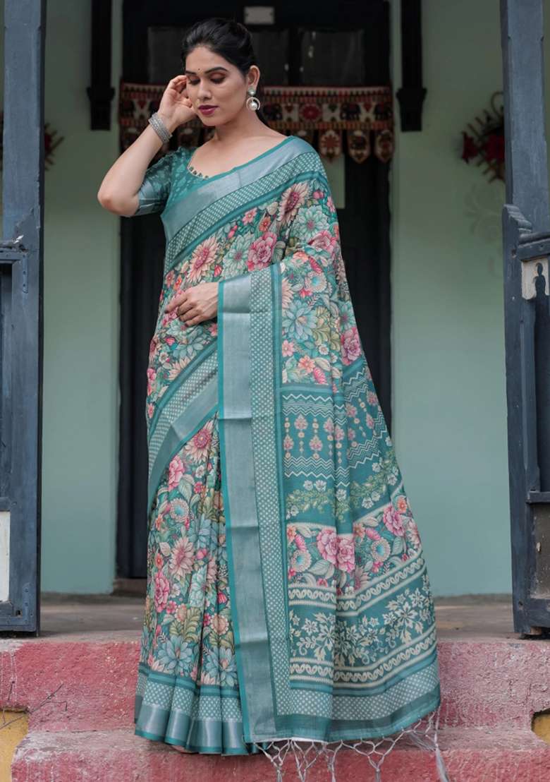 Green Printed Cotton Linen Saree Set - Indya