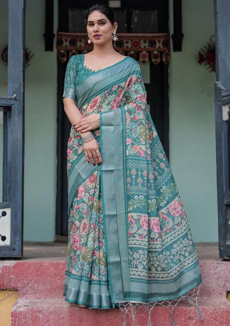 Green Printed Cotton Linen Saree Set - Indya