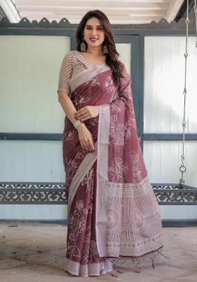 Maroon Printed Cotton Linen Saree Set