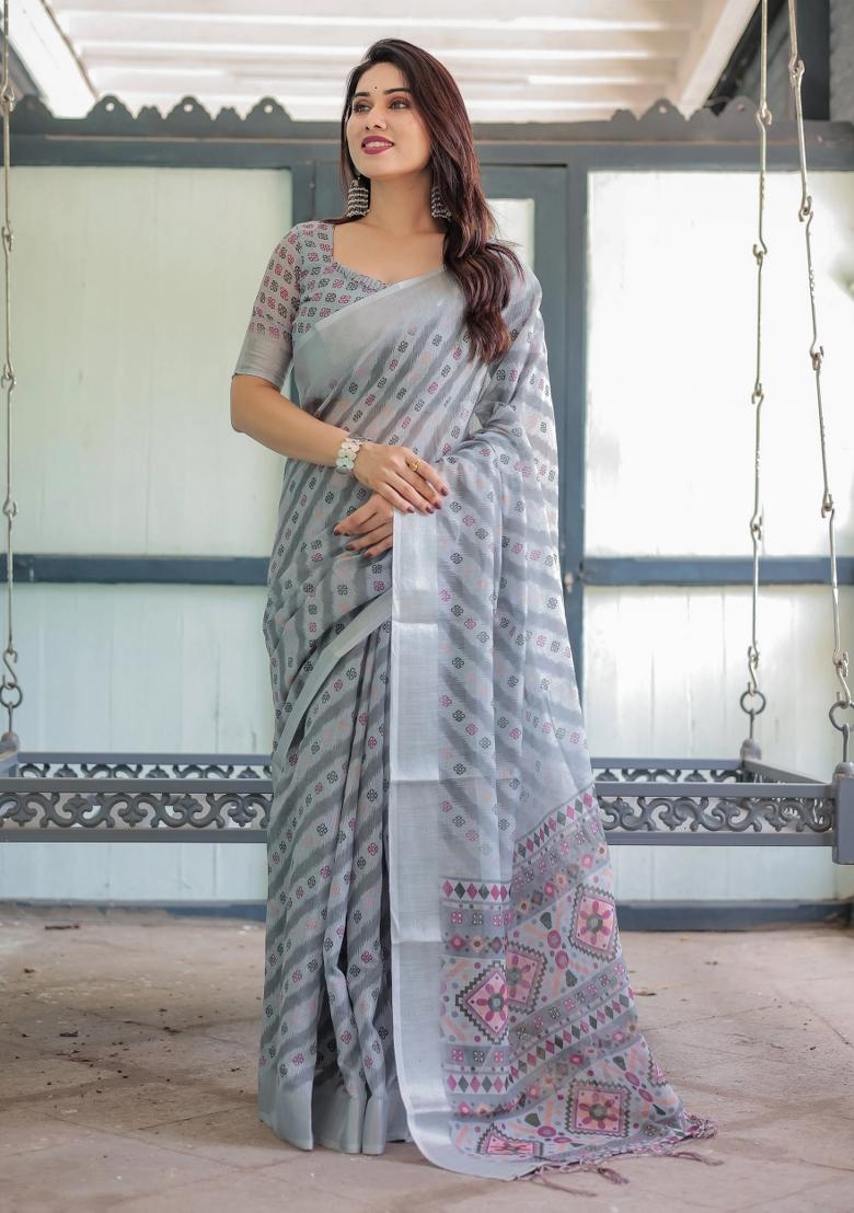 Pastel Printed Cotton Linen Saree Set