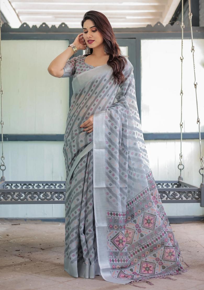 Pastel Printed Cotton Linen Saree Set