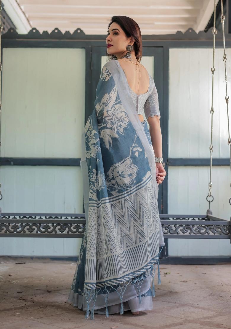 Blue Printed Cotton Linen Saree Set